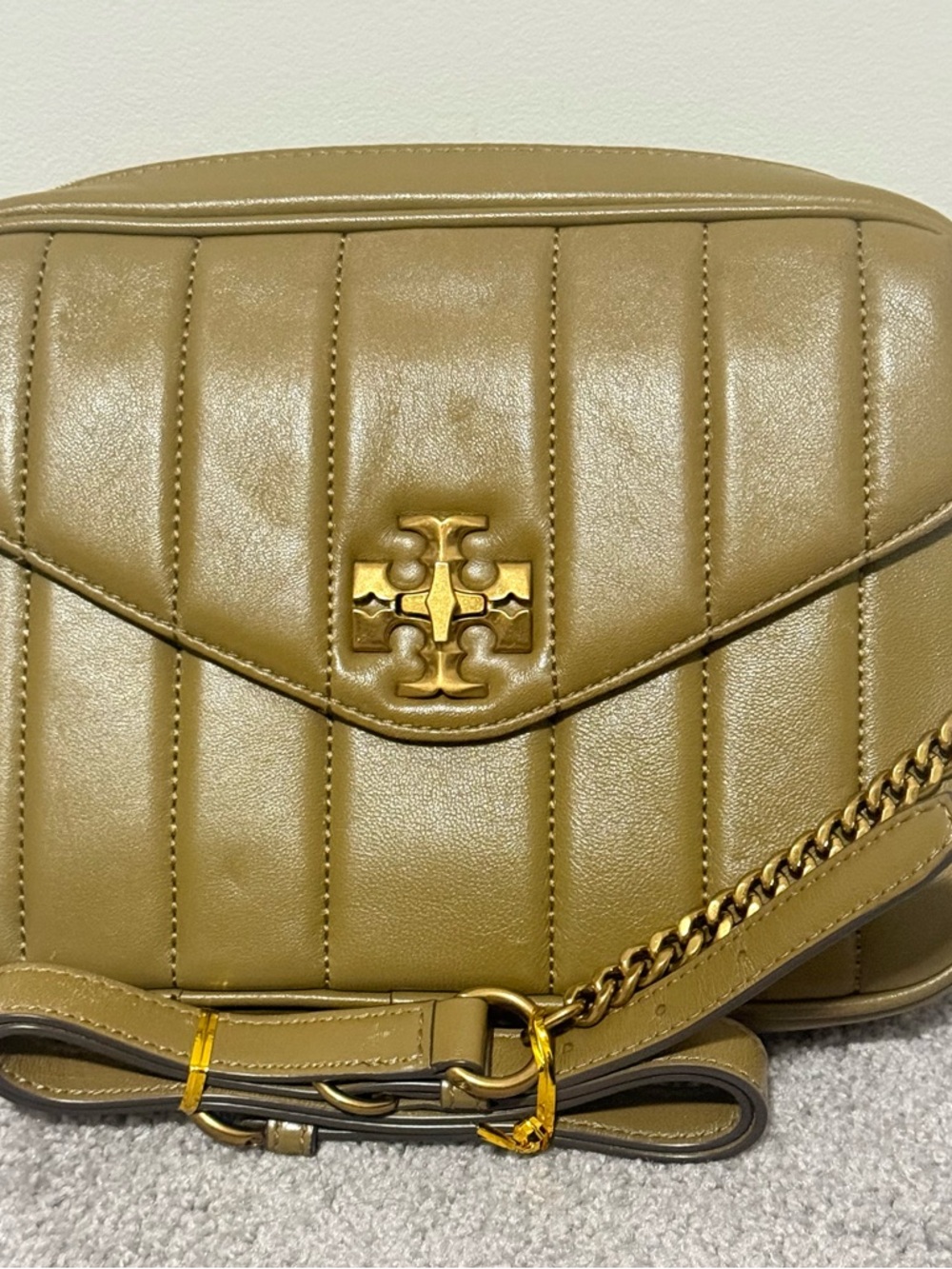 Tory Burch Olive Quilted Leather Chain Crossbody with Gold Logo